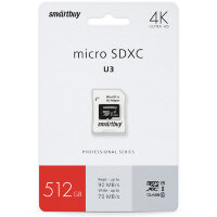 micro SDXC карта памяти Smartbuy 512GB Class10 PRO U3 R/W:90/70 MB/s (с адаптером SD)