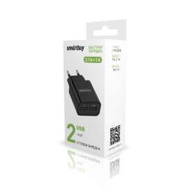 Сетевое ЗУ SmartBuy® FLASH, 2.1 А+1 А , черное, 2 USB (SBP-2010)/62 - 