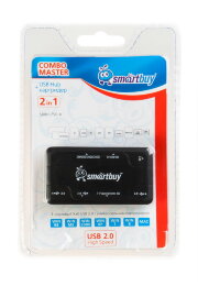 Картридер + Хаб Smartbuy 750, USB 2.0 3 порта+SD/microSD/MS/M2 Combo, черный (SBRH-750-K) - 