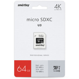 micro SDXC карта памяти Smartbuy 64GB Class10 PRO U3 R/W:90/70 MB/s (с адаптером SD) (SB64GBSDCL10U3 - 