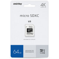 micro SDXC карта памяти Smartbuy 64GB U3 V30 A1 Advanced R/W up to 90/55 с адапт (SB64GBSDU1A-AD