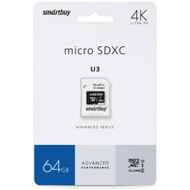 micro SDXC карта памяти Smartbuy 64GB U3 V30 A1 Advanced R/W up to 90/55 с адапт (SB64GBSDU1A-AD - 