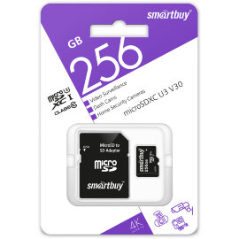 micro SDXC карта памяти Smartbuy 256GB cl10 U3 V30 для видеонаблюдения (с адаптером SD) - 